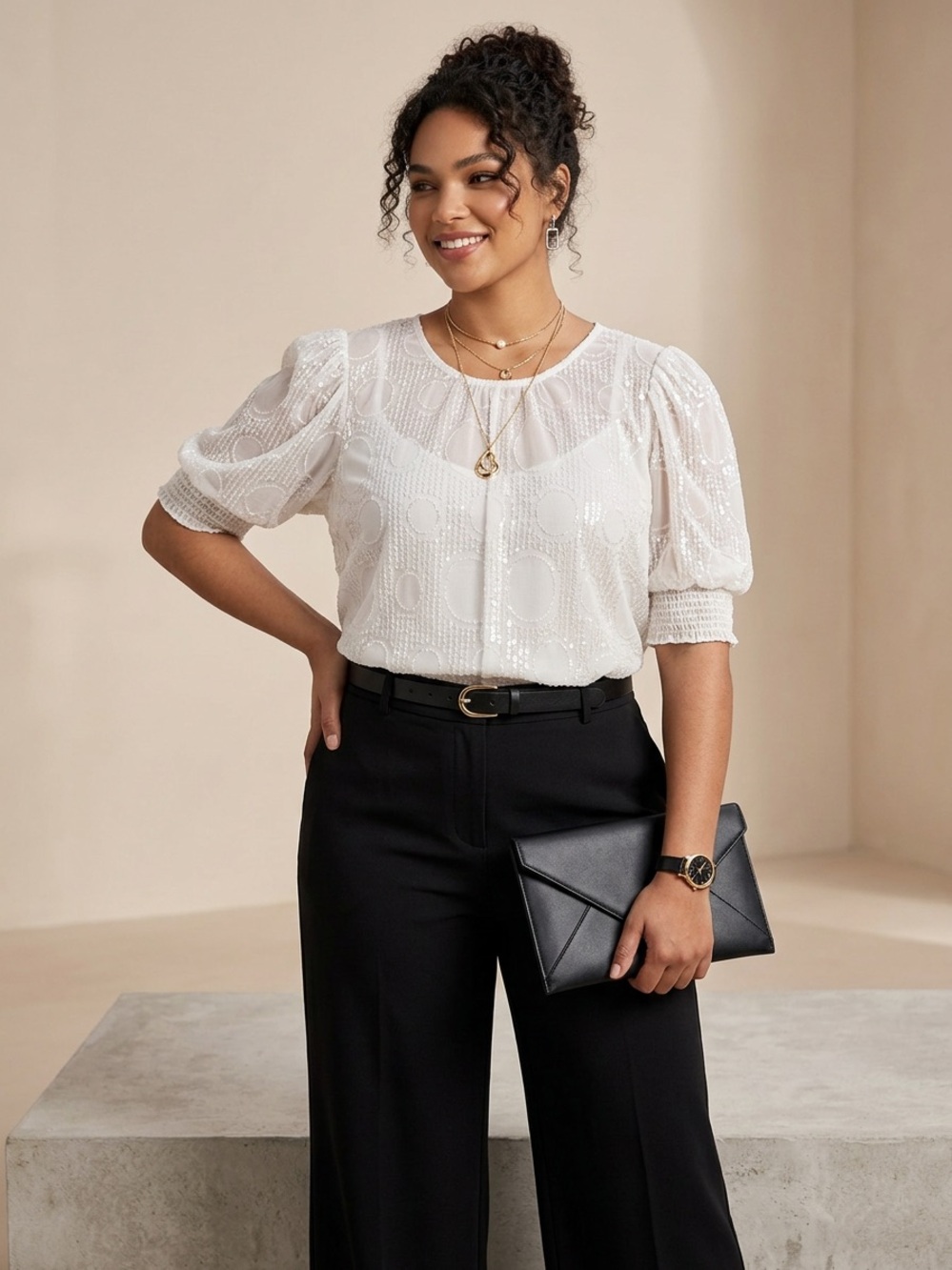 Eva Franco XL Ivory Sequin Embellished Sheer Mesh Blouse Keyhole Back Party Top